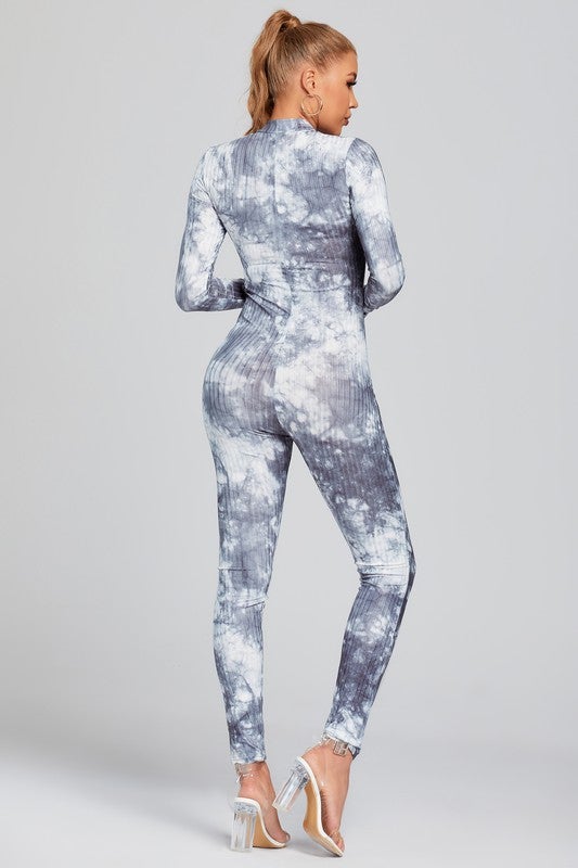 TIE DYE PRINT FRONT ZIPPER JUMPSUIT- GREY - TRESLUSH