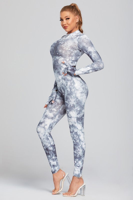 TIE DYE PRINT FRONT ZIPPER JUMPSUIT- GREY - TRESLUSH