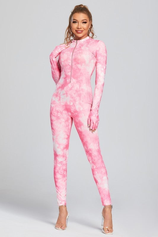 TIE DYE PRINT FRONT ZIPPER JUMPSUIT- PINK - TRESLUSH