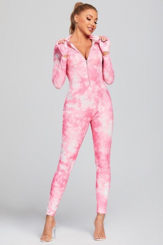 TIE DYE PRINT FRONT ZIPPER JUMPSUIT- PINK - TRESLUSH