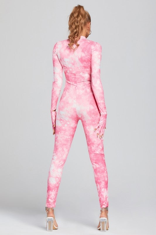 TIE DYE PRINT FRONT ZIPPER JUMPSUIT- PINK - TRESLUSH