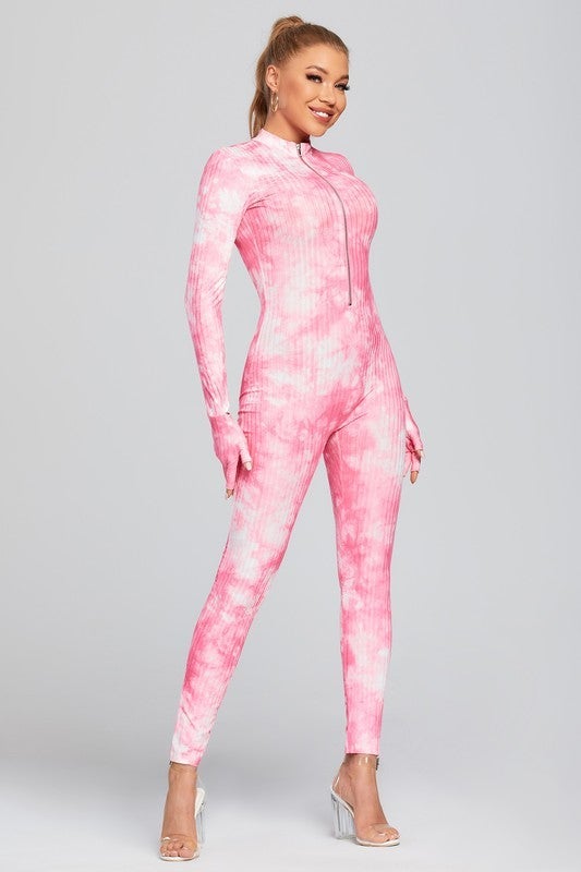 TIE DYE PRINT FRONT ZIPPER JUMPSUIT- PINK - TRESLUSH