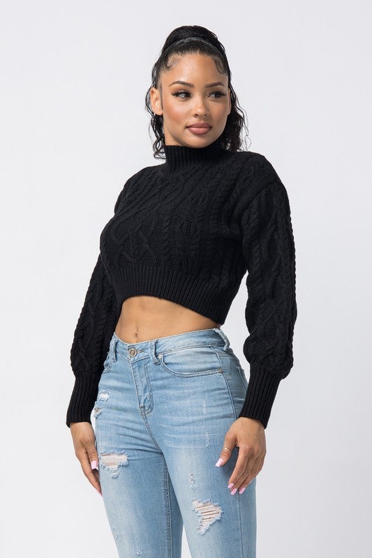 TURTLE NECK CROP CABLE SWEATER - TRESLUSH