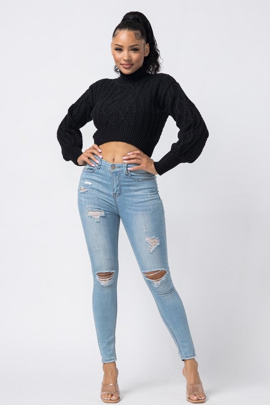 TURTLE NECK CROP CABLE SWEATER - TRESLUSH