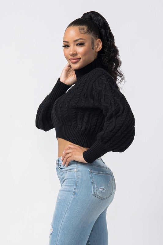 TURTLE NECK CROP CABLE SWEATER - TRESLUSH